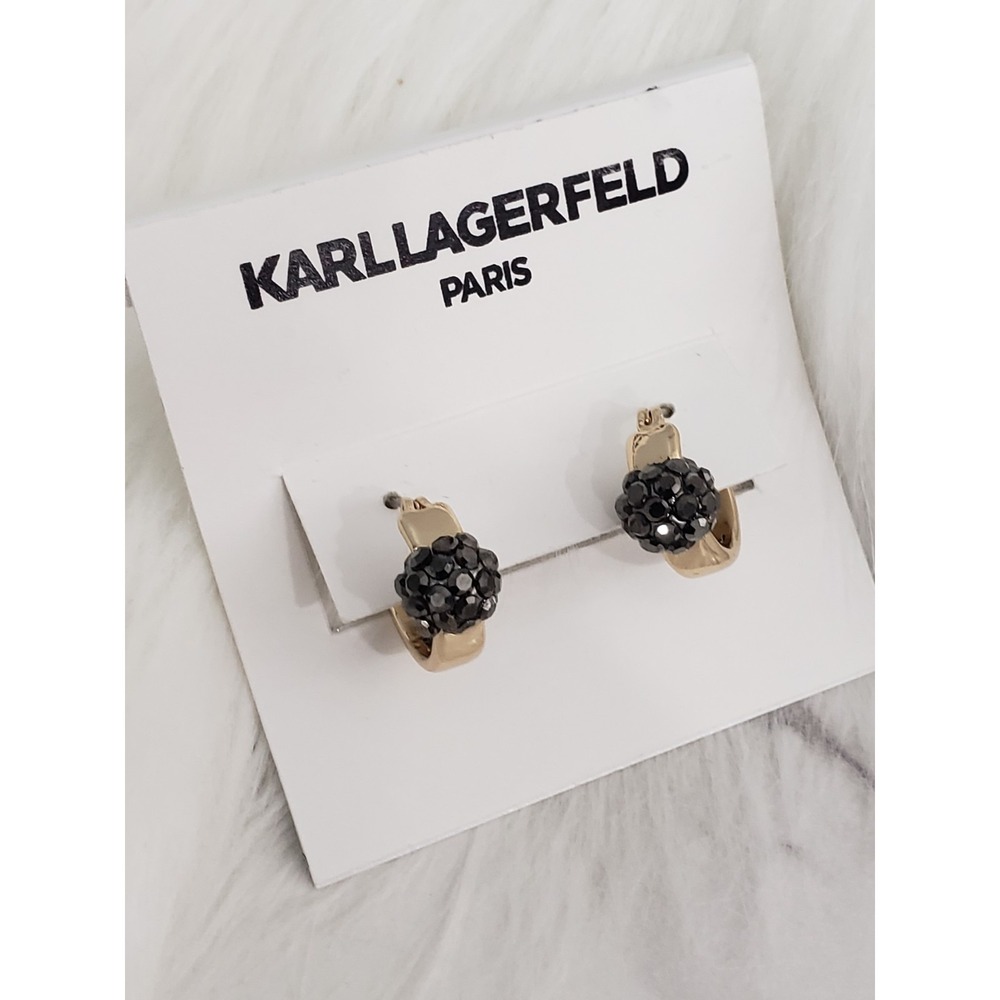 NEW Karl Lagerfeld Huggie Hoop Earrings Pave Crystal black gold tone gothic